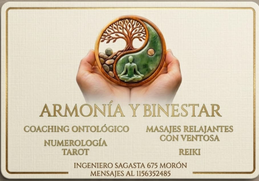 Logo de Armonía y Bienestar: yin-yang con árbol de la vida sostenido por manos