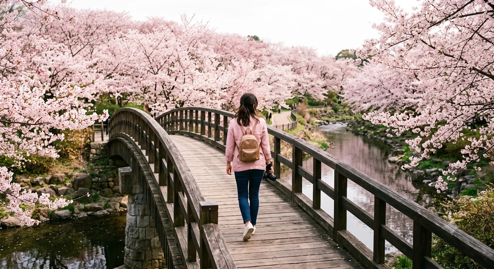 Una mujer cruza un puente de madera rodeado de cerezos en flor