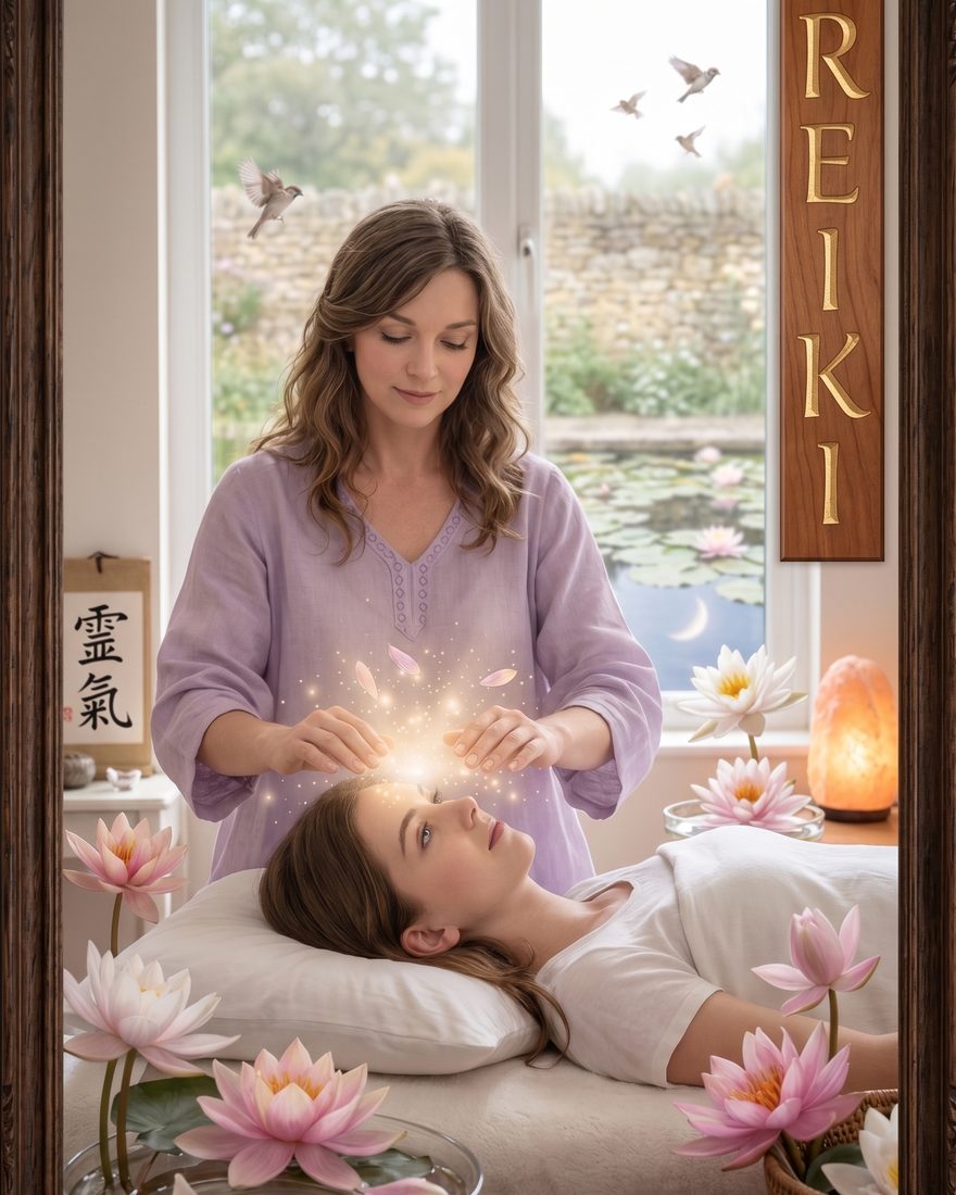 Sesión de reiki, manos canalizando energía